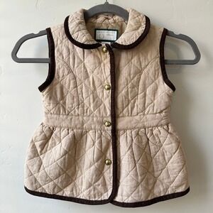 Janie and Jack Girls Quilted Vest Beige Brown Peter Pan Collar Equestrian Sz 5/6